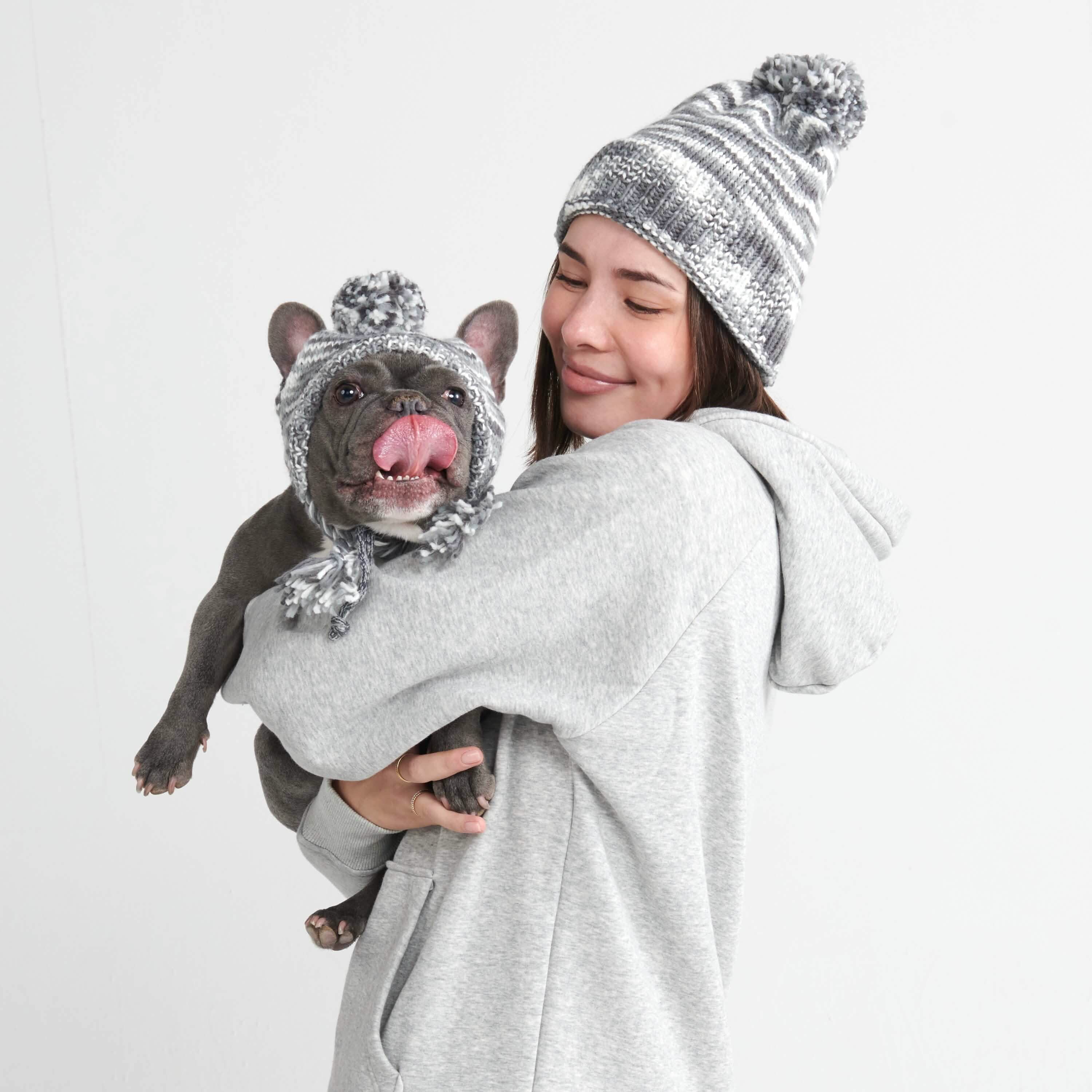 Knit Pom Pom Dog Beanie Hat - Salt and Pepper - Image 4