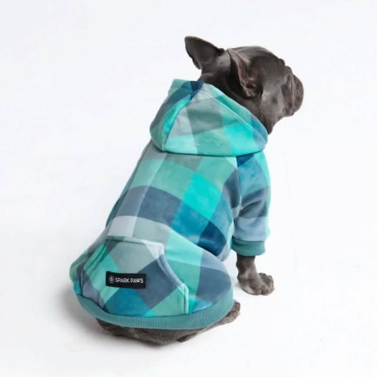 Velvet Dog Hoodie - Turquoise Checkered - Image 3